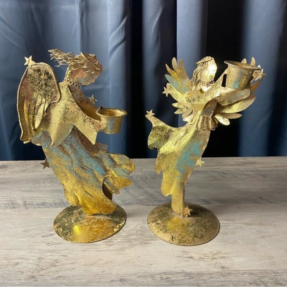Pair of‎ Vintage Gold Metal Angel Figurines Candle Holders